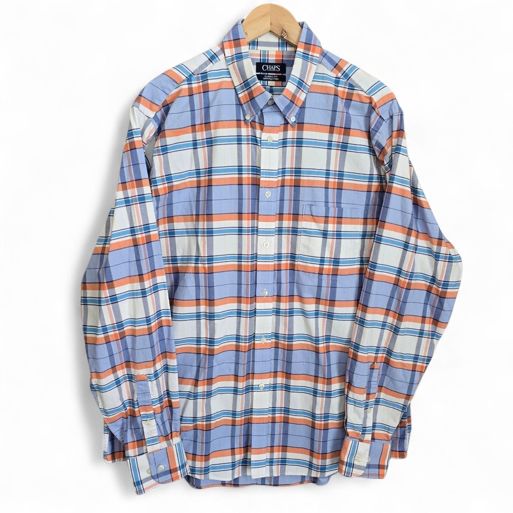 Chaps Shirt Mens 17-17.5 36/37 Button Blue Plaid Classic Fit Oxford Wrinkle Free